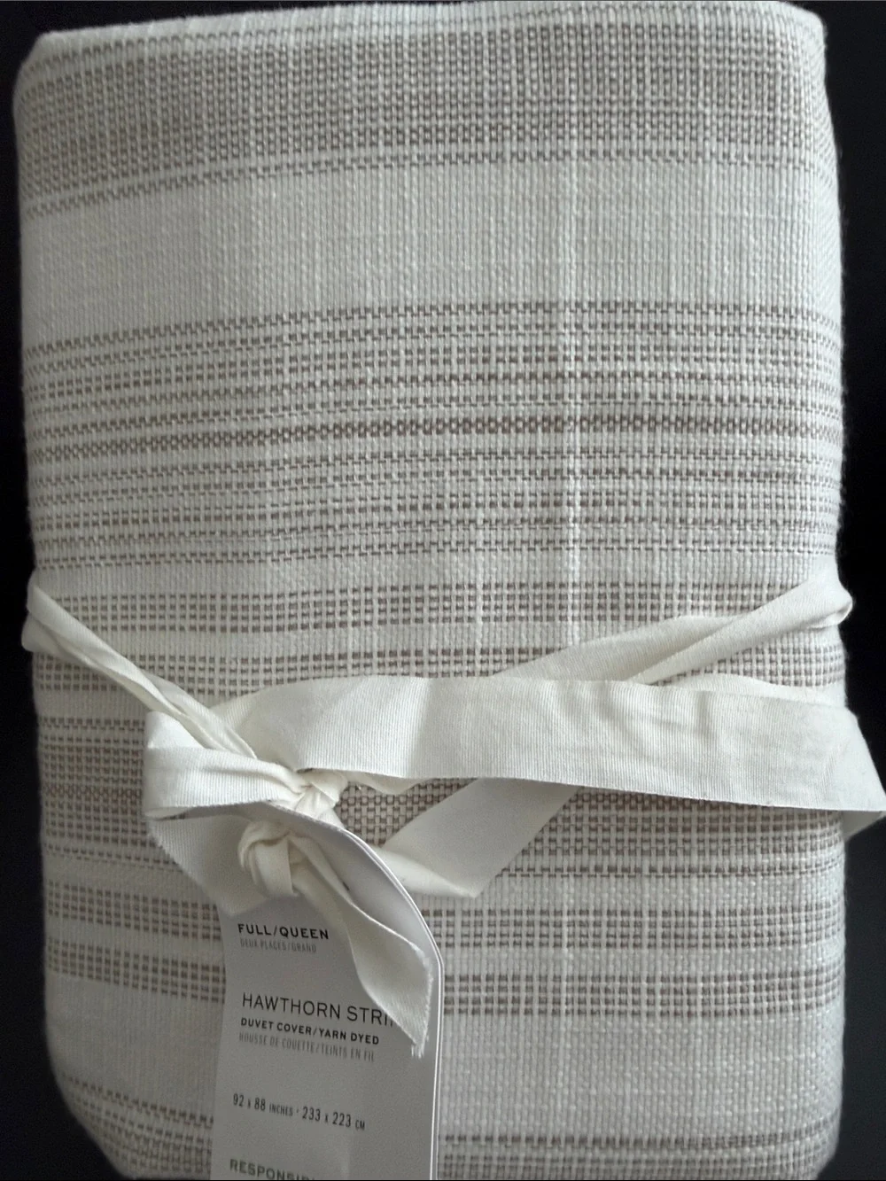 NWT Pottery Barn Full/Queen Hawthorn Stripe Bedding Set in Cream and Taupe